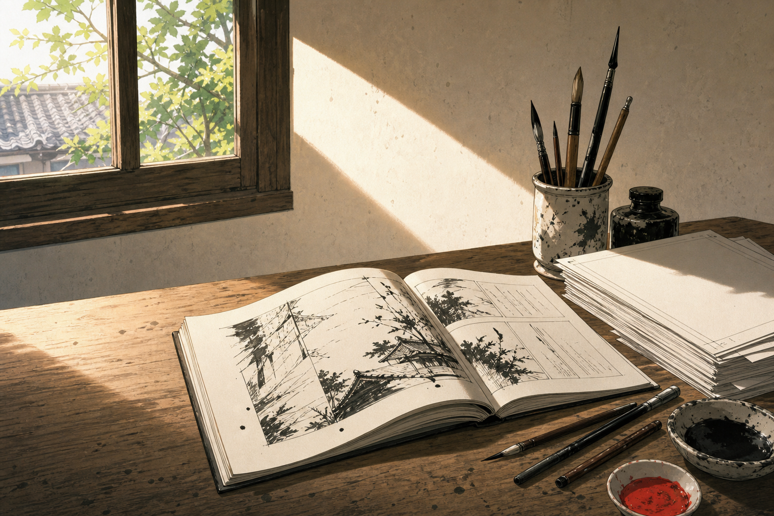 Mesa de trabajo de un artista de manga